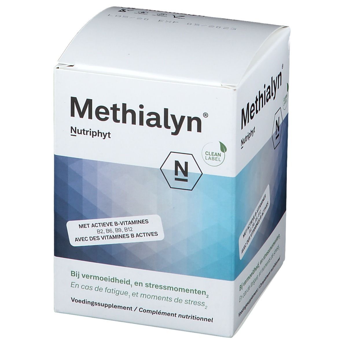 Weißer Karton mit "Methialyn" und "Nutriphyt" Schriftzug. Enthält B-Vitamine. Hintergrund mit blauen Linien.
