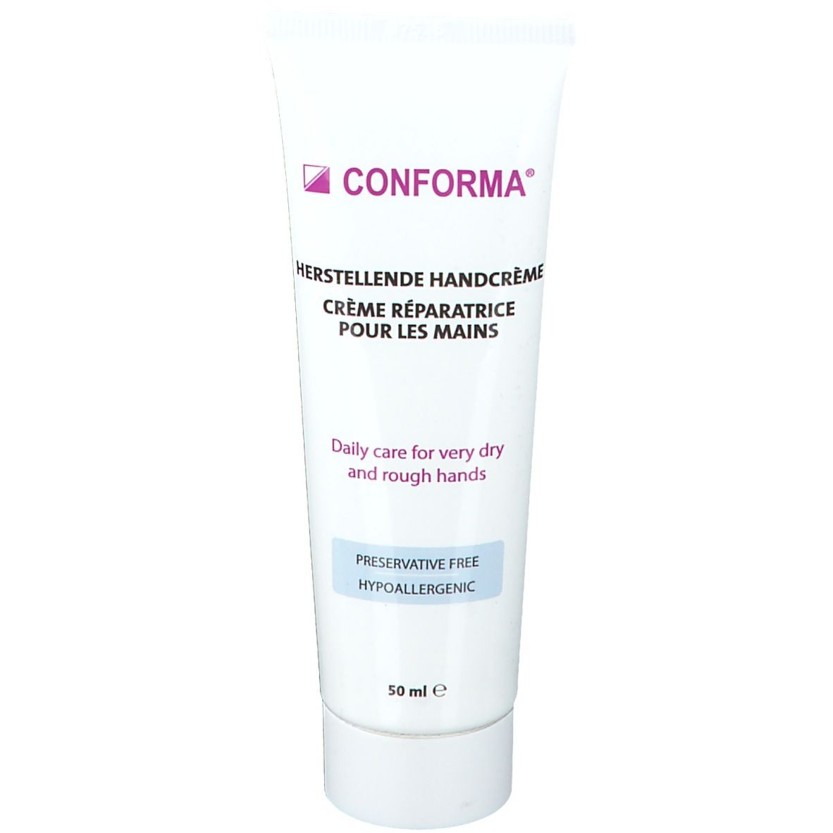 Creme-Tube mit Produktnamen und Logo. Text: Herstellende Handcrème, Crème réparatrice pour les mains. Für sehr trockene Hände.