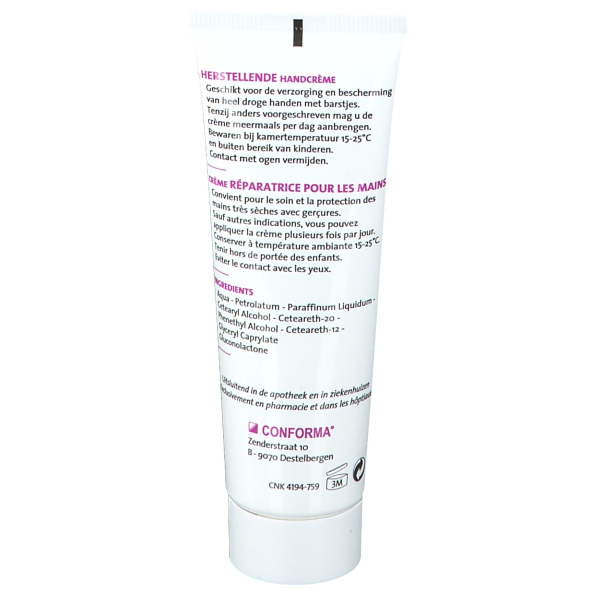 Rückseite der Creme-Tube. Text in Deutsch und Französisch. Inhaltsstoffe und Herstelleradresse. Logo Conforma.