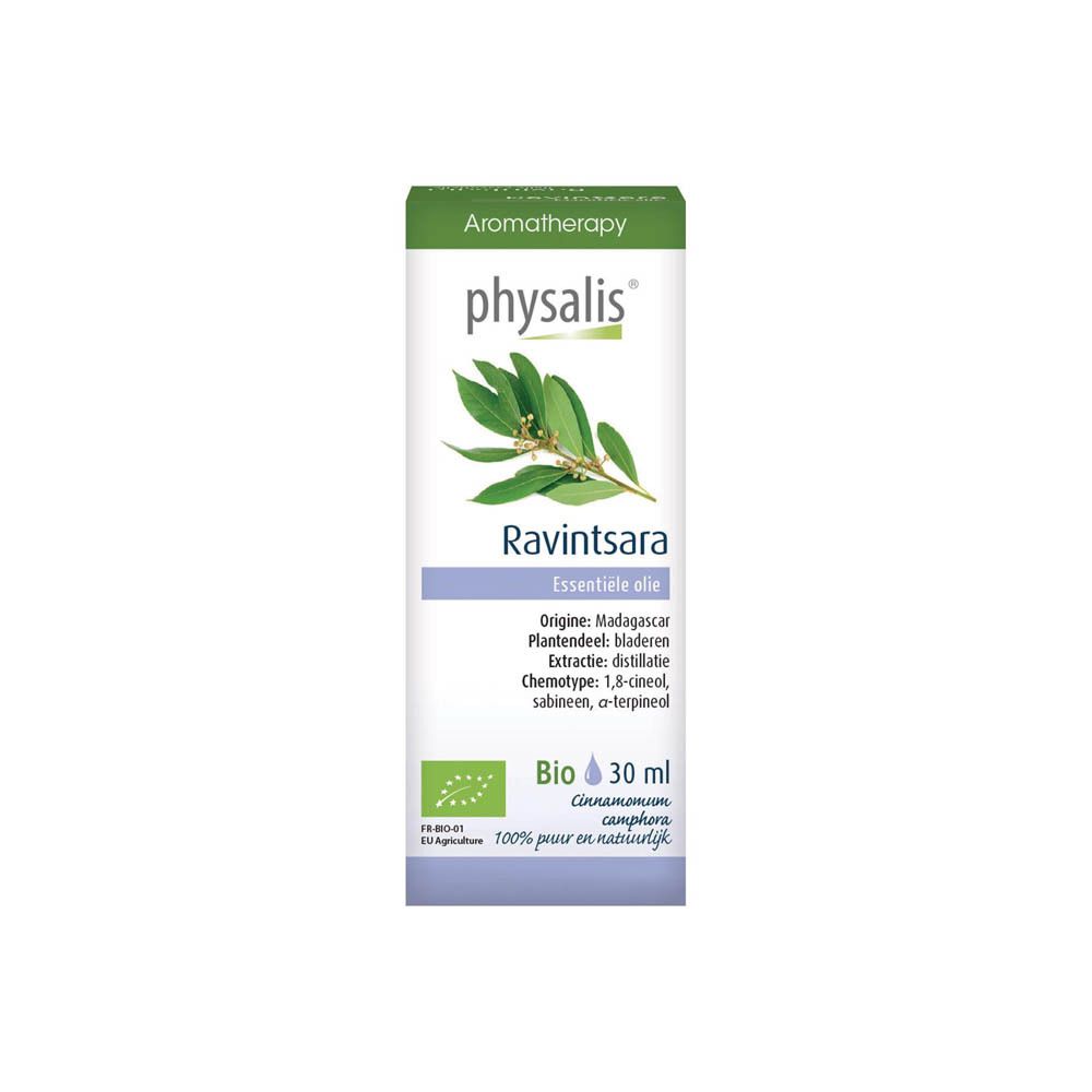 Flacon d'huile essentielle Physalis Ravintsara, 30 ml, certification Bio. Emballage vert et blanc.