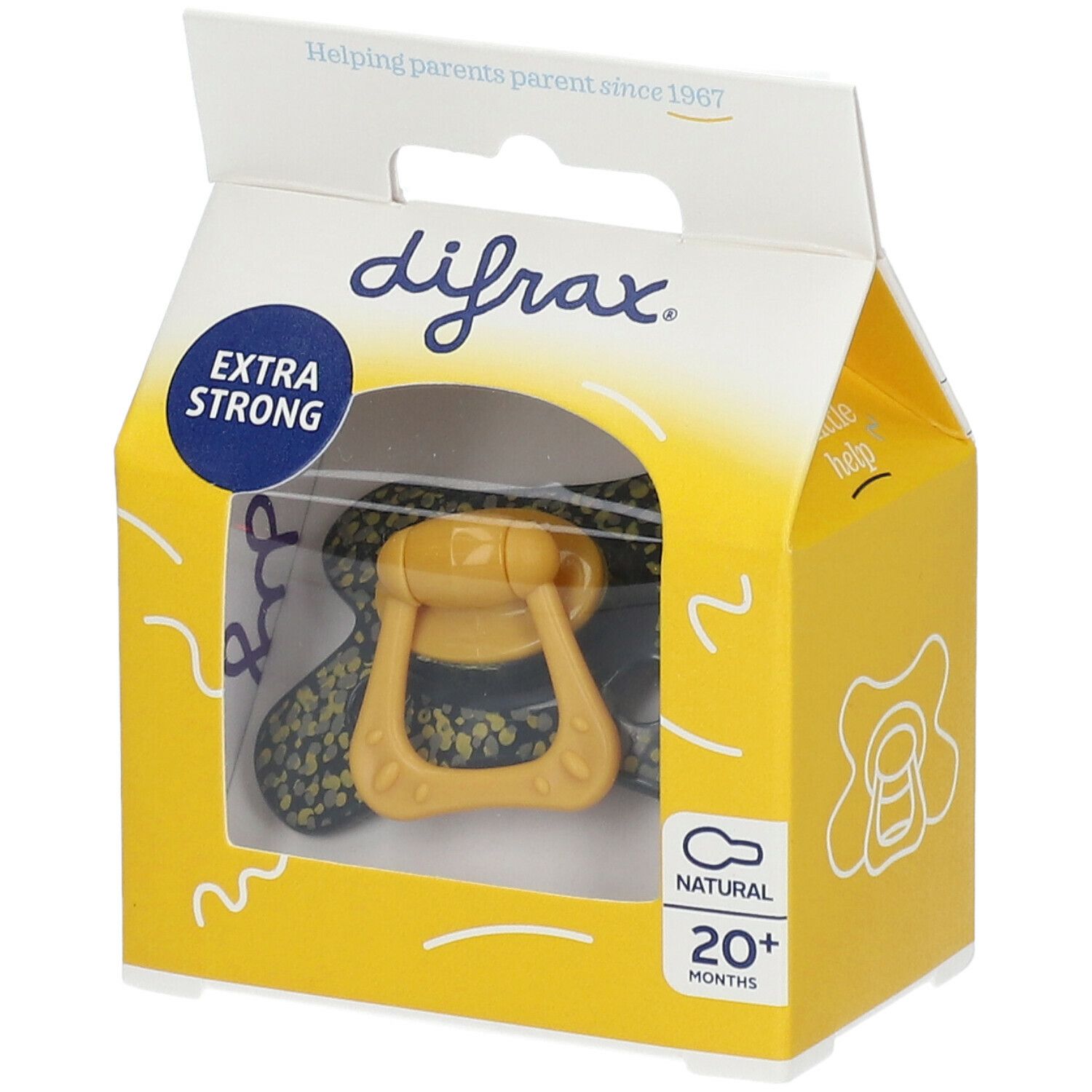 Sucette jaune dans un emballage jaune avec fenêtre. Inscriptions : difrax, Extra Strong, Natural, 20+ mois.