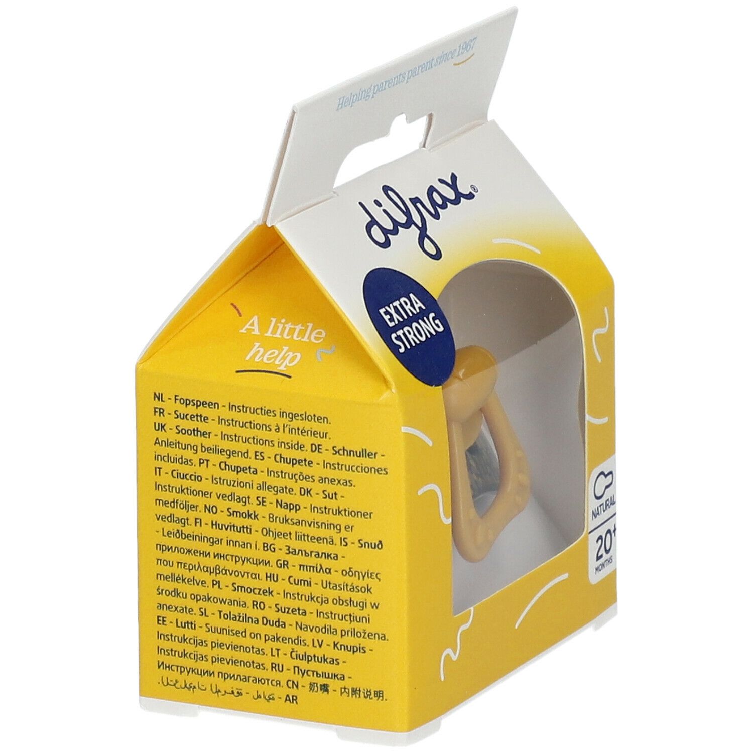 Sucette jaune dans un emballage jaune avec texte. Inscriptions : difrax, Extra Strong, Natural, 20+ mois. Instructions multilingues.