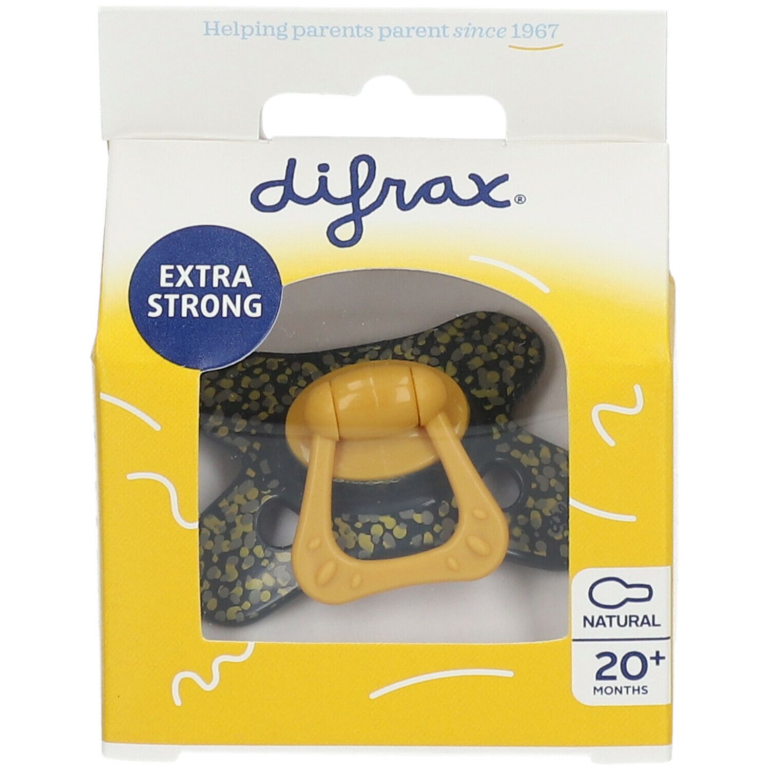 Sucette jaune dans un emballage jaune avec fenêtre. Inscriptions : difrax, Extra Strong, Natural, 20+ mois.