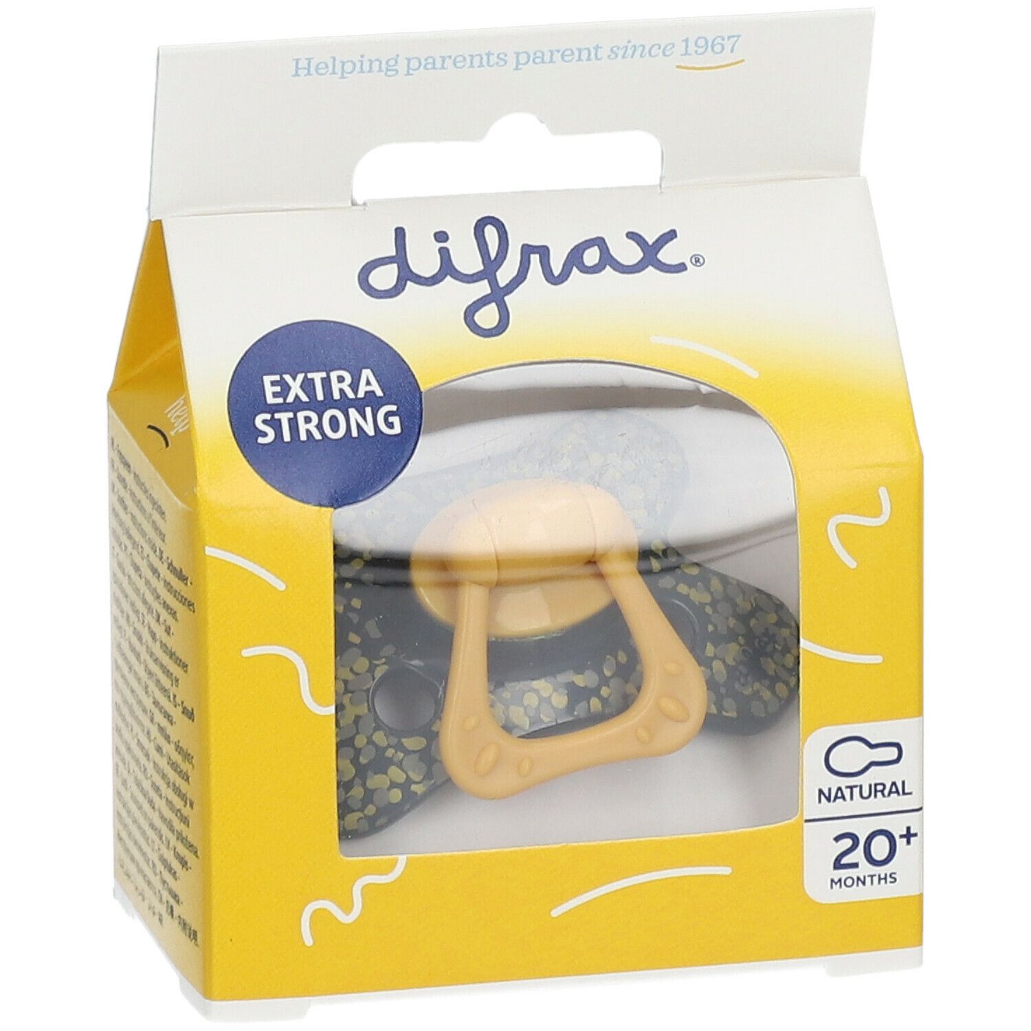 Sucette jaune dans un emballage jaune avec fenêtre. Inscriptions : difrax, Extra Strong, Natural, 20+ mois.