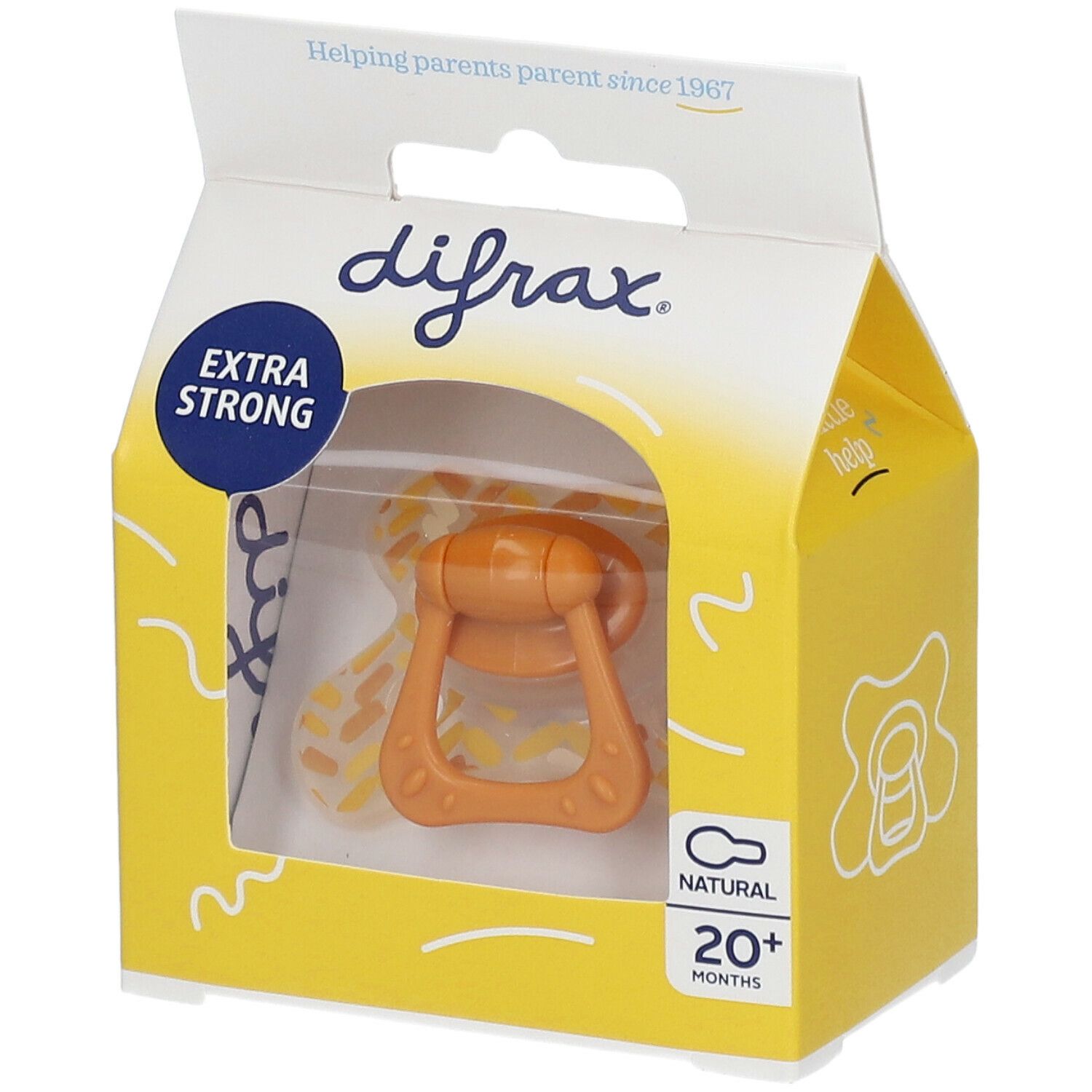 Schnuller in gelber Verpackung. Sichtbar: orangefarbener Sauger, Griff. Aufschrift: difrax, EXTRA STRONG, NATURAL, 20+ MONTHS.