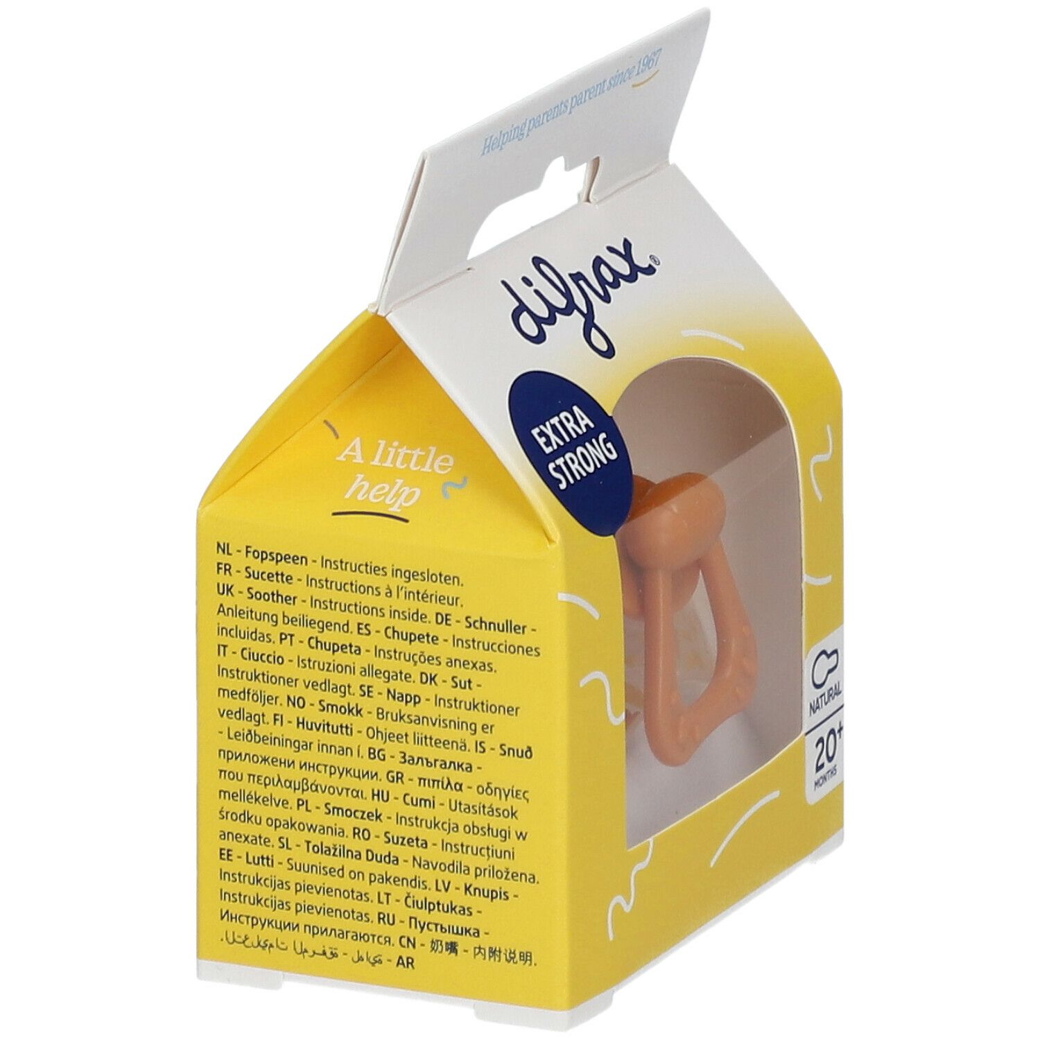 Verpackung mit Schnuller. Aufschrift: difrax, EXTRA STRONG, NATURAL, 20+ MONTHS. Text in mehreren Sprachen. Gelber Hintergrund.