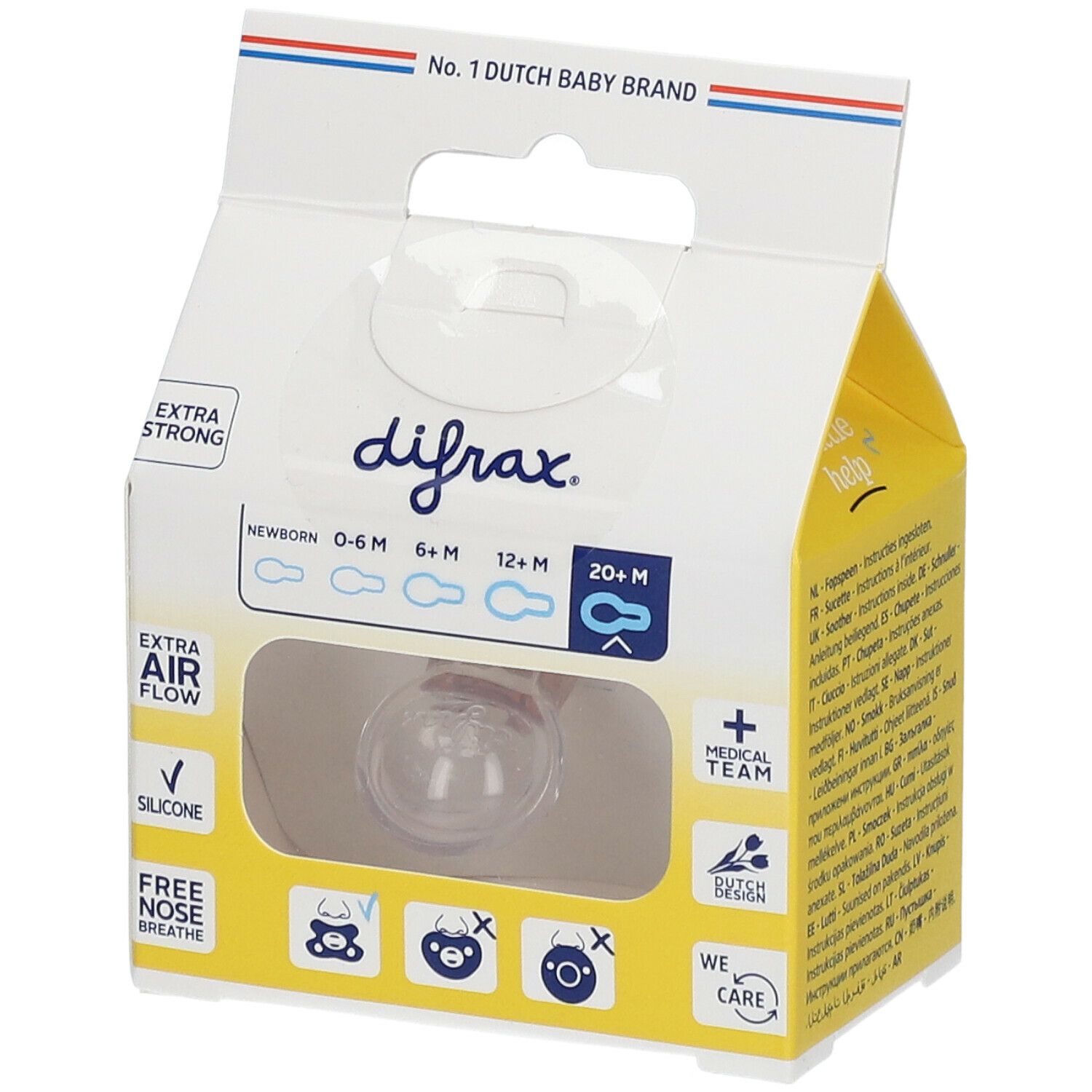 Verpackung mit Schnuller. Aufschrift: difrax, EXTRA STRONG, NEWBORN, 0-6 M, 6-12 M, 12+ M, 20+ M. Gelber Hintergrund.