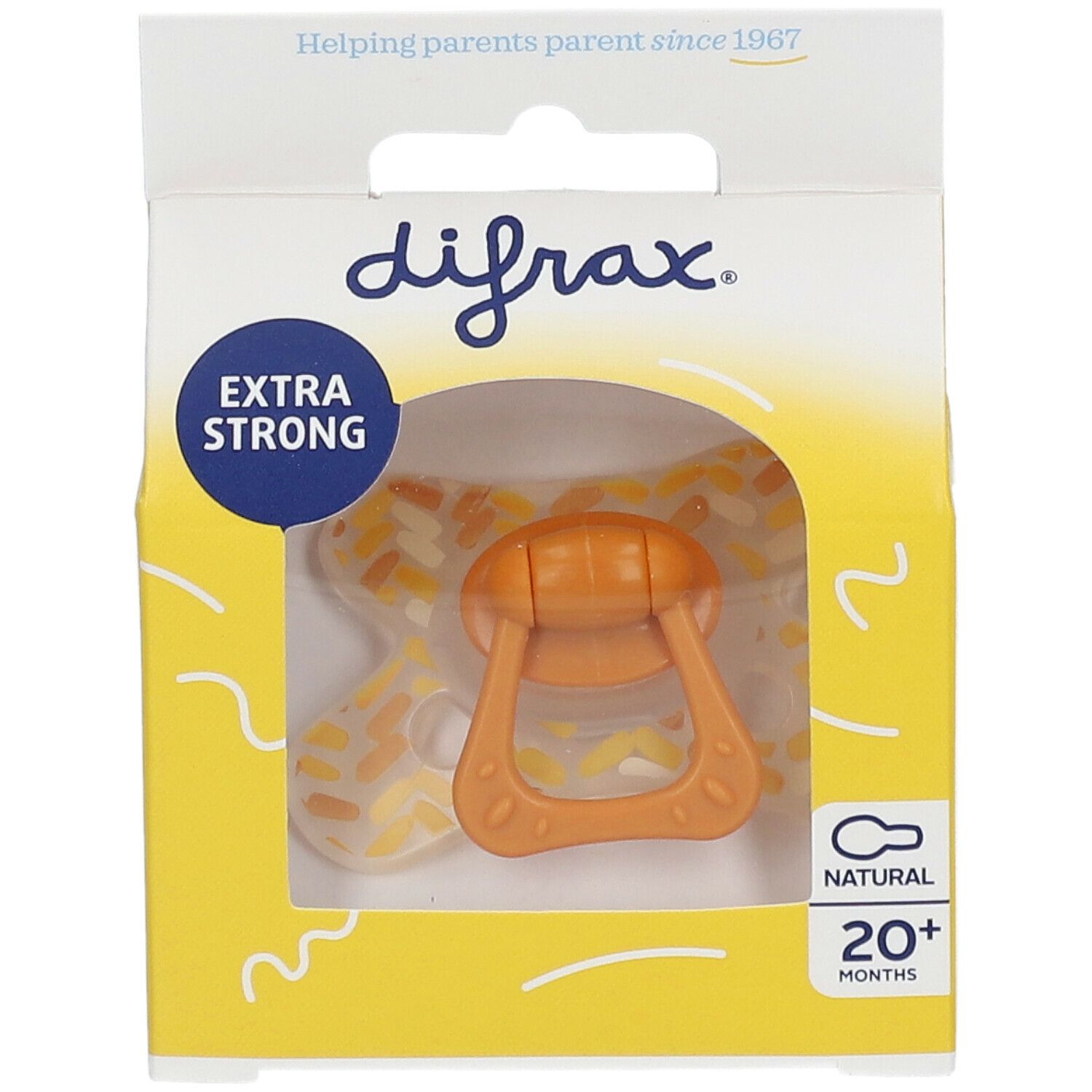 Schnuller in gelber Verpackung. Sichtbar: orangefarbener Sauger, Griff. Aufschrift: difrax, EXTRA STRONG, NATURAL, 20+ MONTHS.