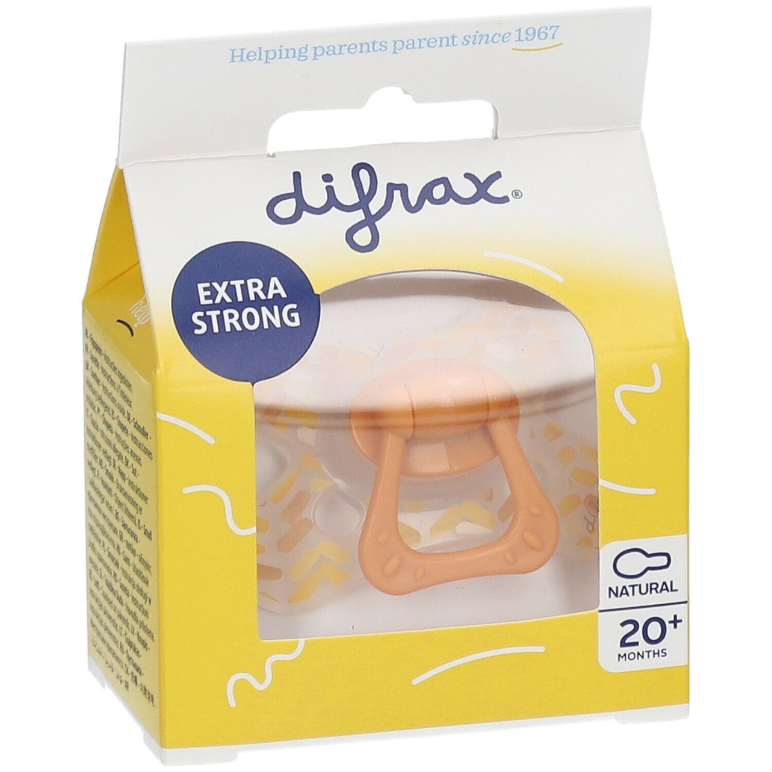 Schnuller in gelber Verpackung. Sichtbar: orangefarbener Sauger, Griff. Aufschrift: difrax, EXTRA STRONG, NATURAL, 20+ MONTHS.
