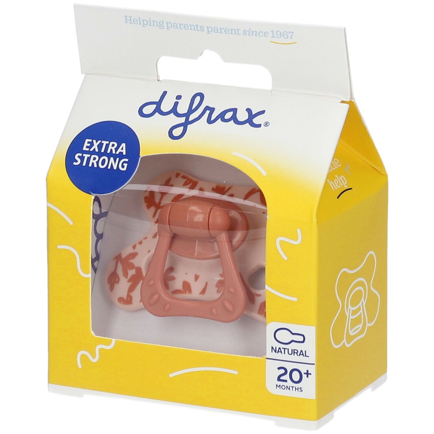Verpackung mit Schnuller. Sichtbar: Schnuller in Rosa, Aufschrift "difrax", "EXTRA STRONG", "NATURAL 20+ MONTHS".