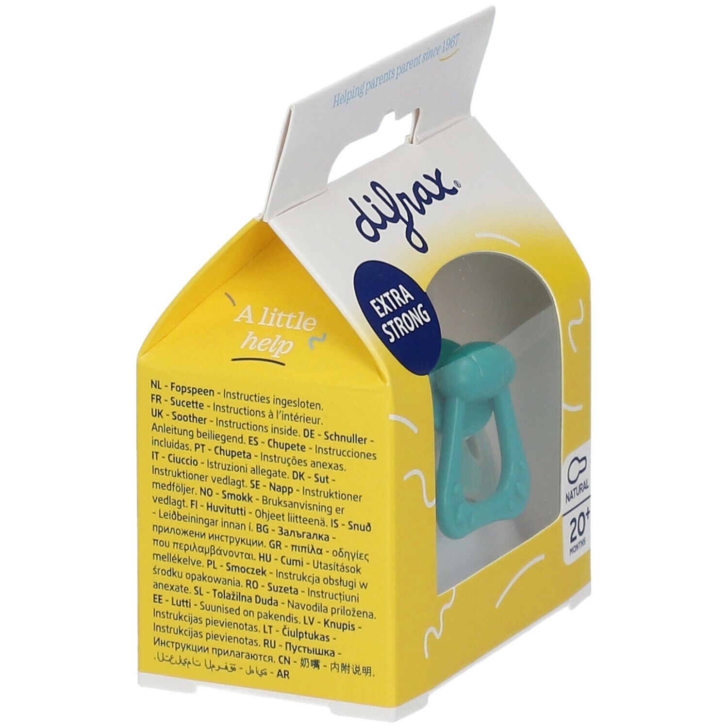 Verpackung mit türkisfarbenem Schnuller. Aufschrift "difrax", "EXTRA STRONG" und "20+ months". Mehrsprachige Anweisungen.