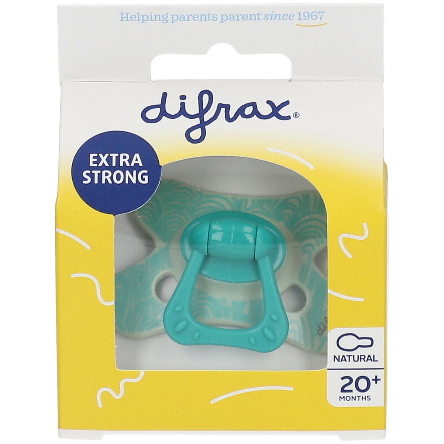 Türkisfarbener Schnuller in gelber Verpackung. Aufschrift "difrax", "EXTRA STRONG" und "20+ months". Muster auf dem Sauger.