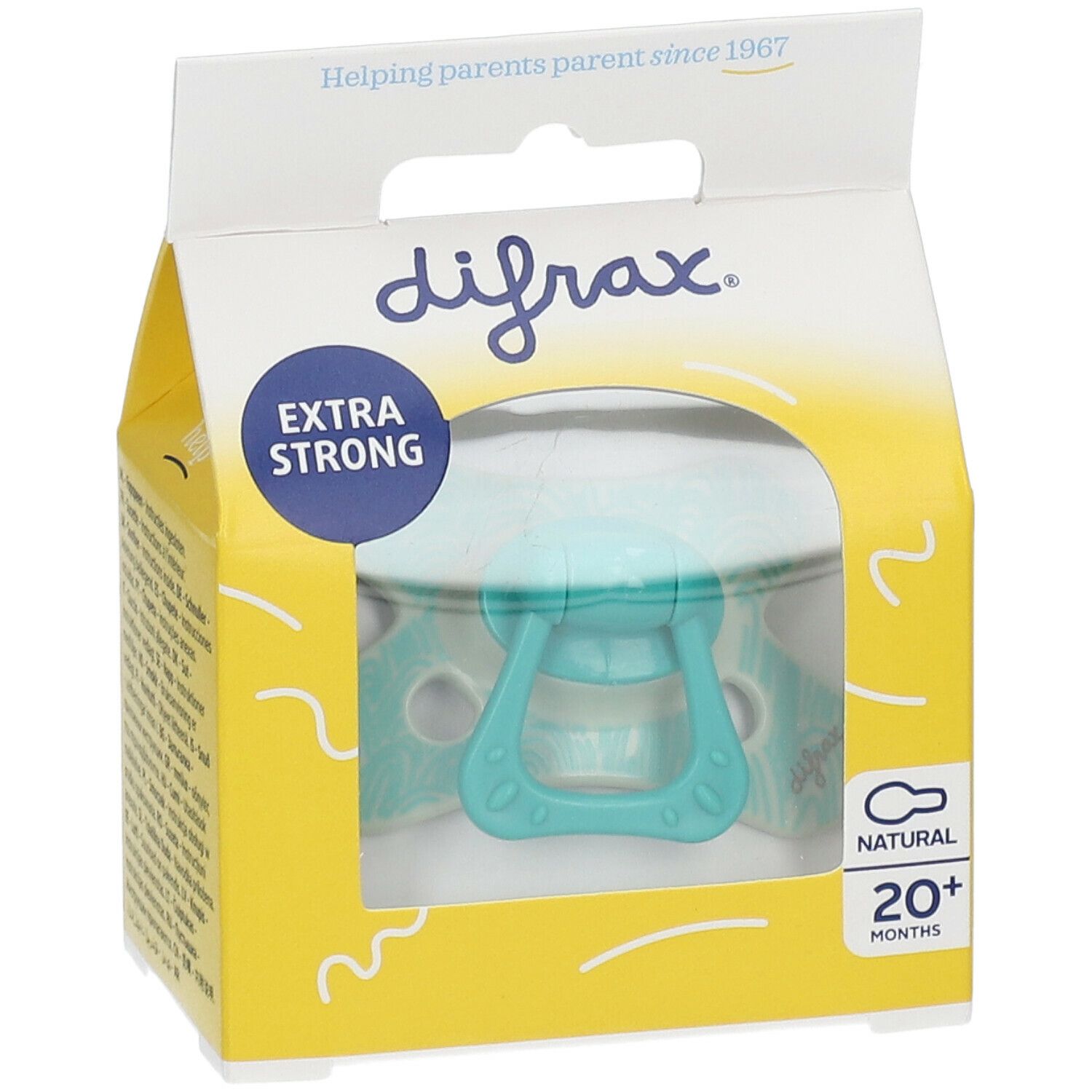 Türkisfarbener Schnuller in gelber Verpackung. Aufschrift "difrax", "EXTRA STRONG" und "20+ months".