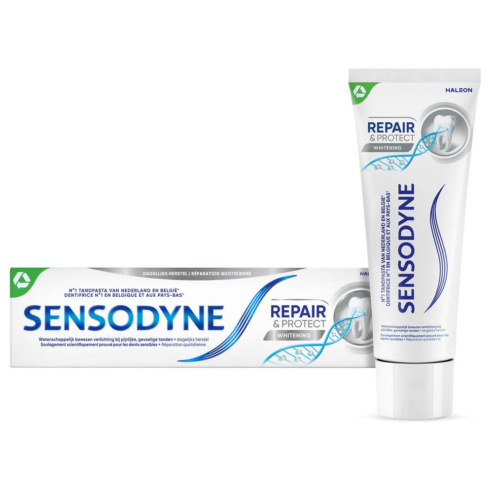Tube et emballage de dentifrice. Blanc, bleu et vert. Inscriptions : SENSODYNE, REPAIR & PROTECT Whitening.