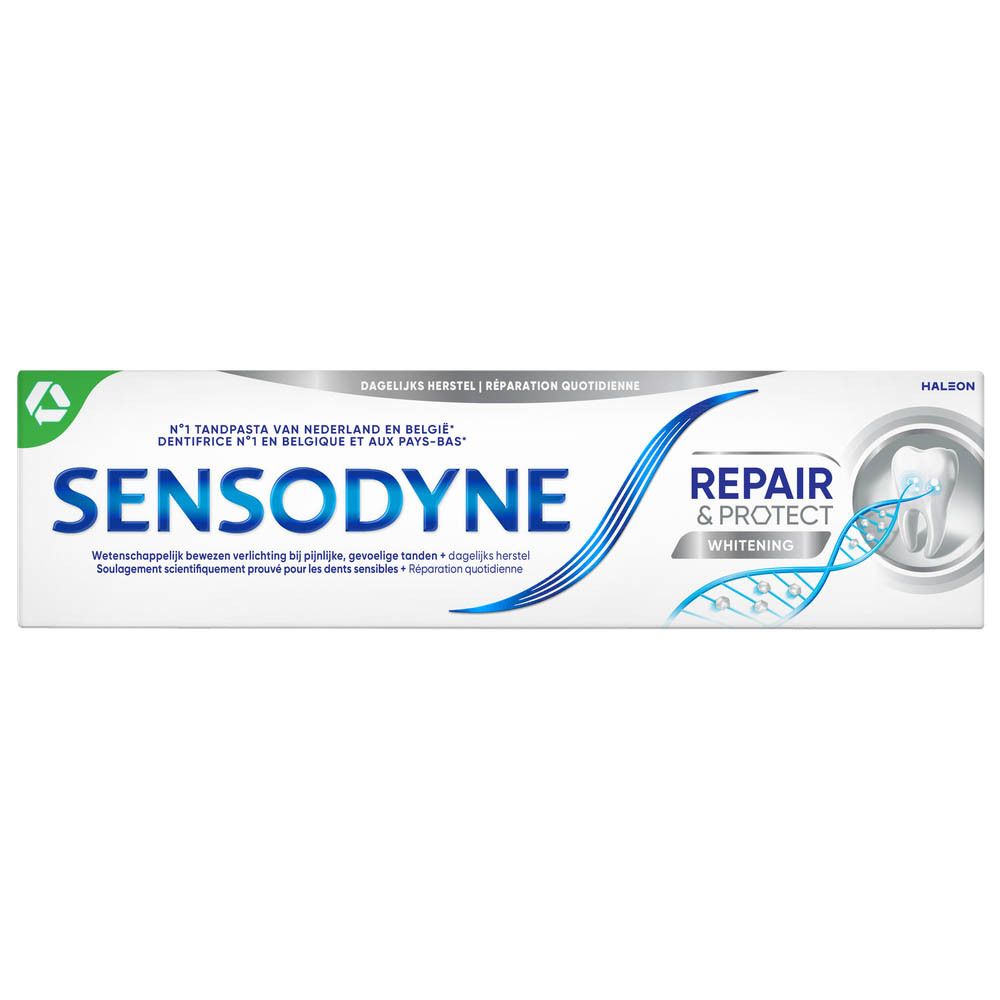 Emballage de dentifrice. Blanc, bleu et vert. Inscriptions : SENSODYNE, REPAIR & PROTECT. Texte en français.