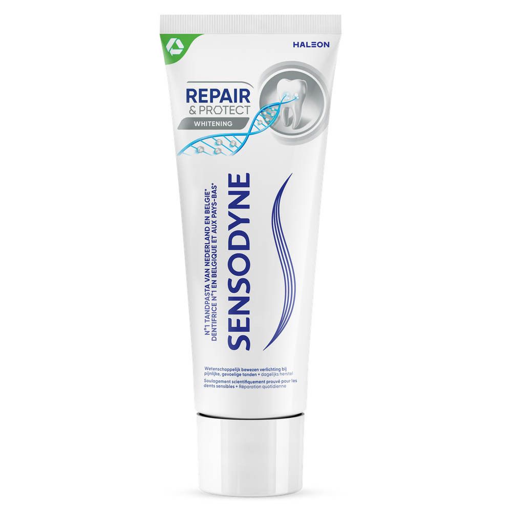 Emballage de dentifrice. Blanc, bleu et vert. Inscriptions : SENSODYNE, REPAIR & PROTECT. Texte en français.
