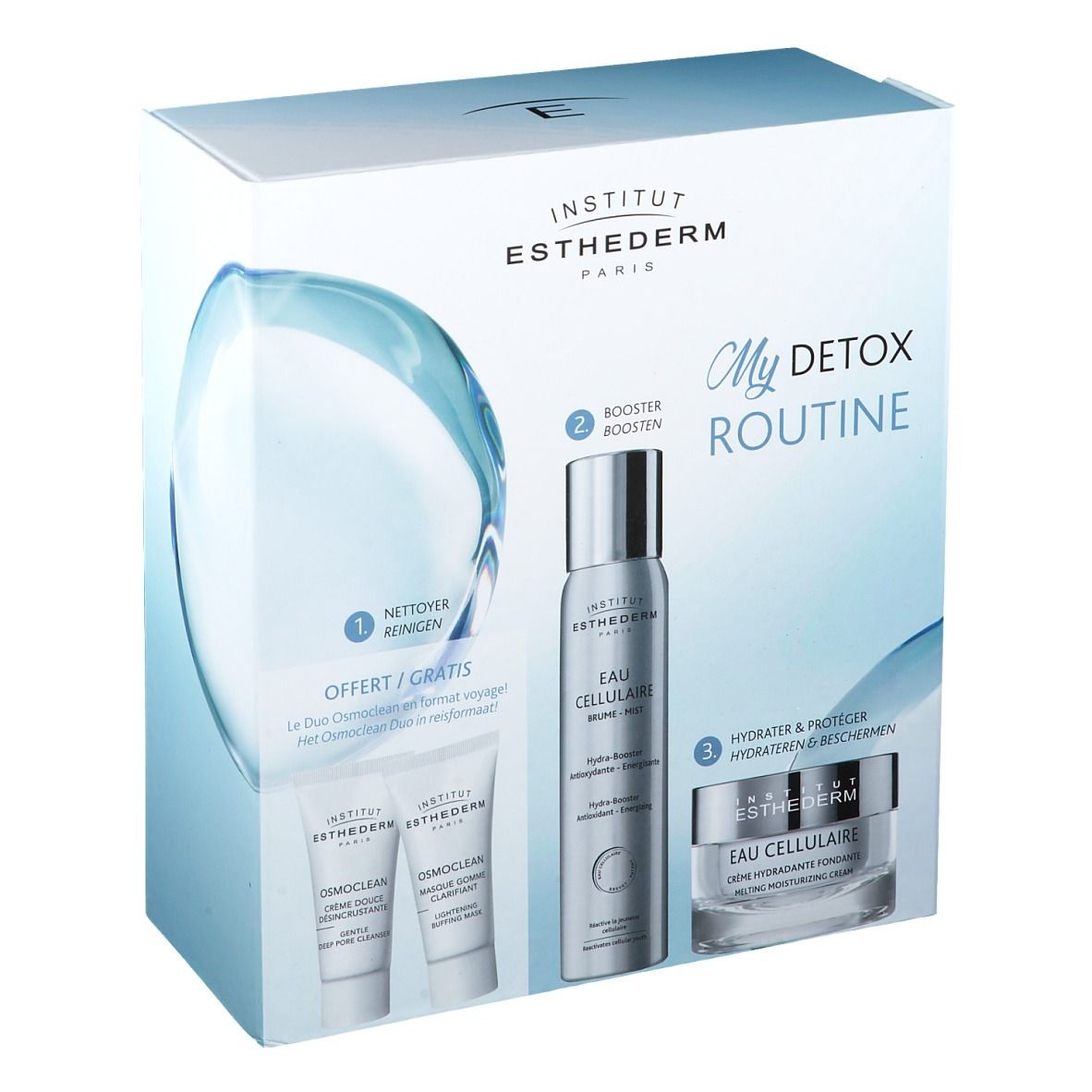 Geschenkbox mit INSTITUT ESTHEDERM Produkten. Enthält Reiniger, Booster und Creme. Text: My Detox Routine.