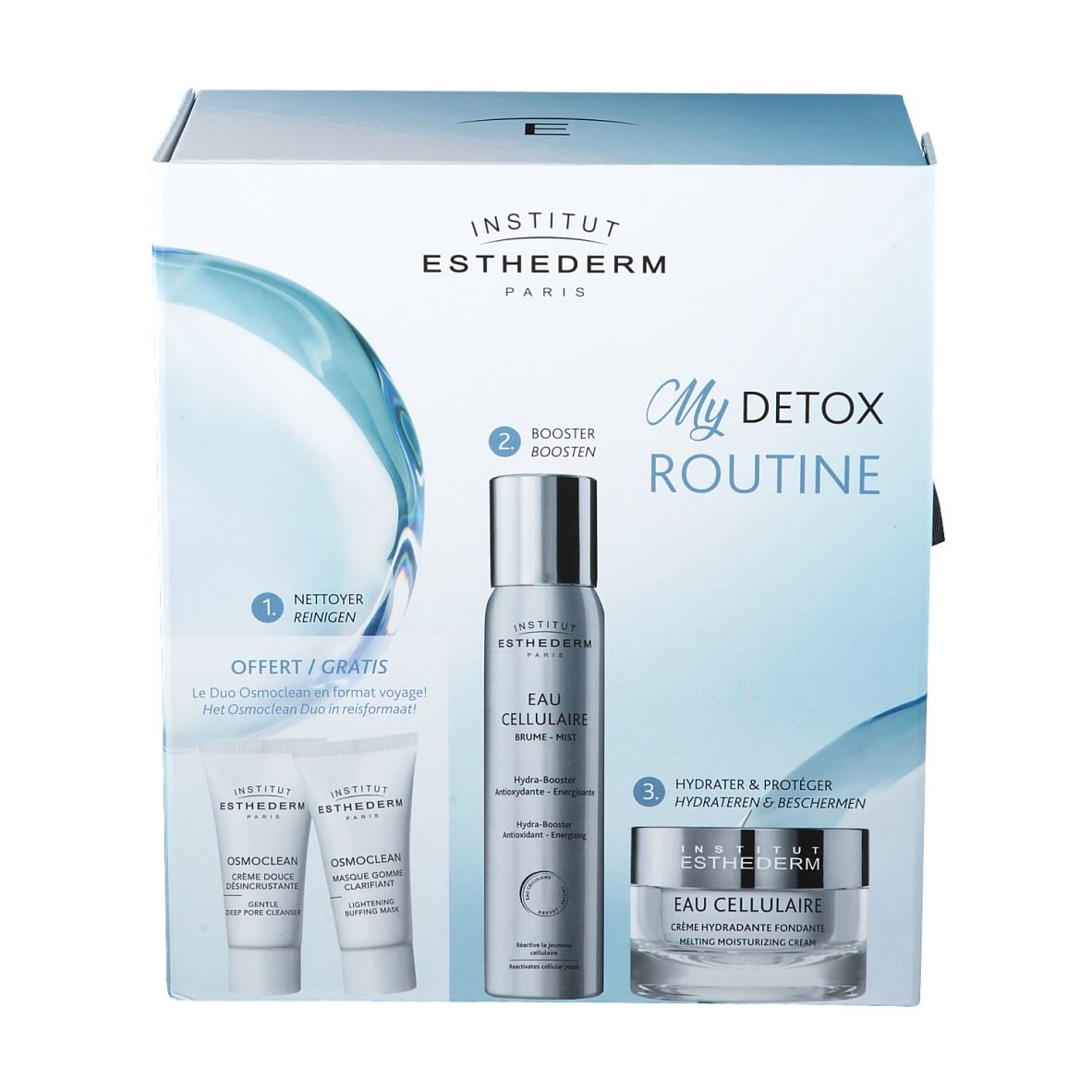 Geschenkbox INSTITUT ESTHEDERM My Detox Routine. Enthält Reiniger, Booster und Creme. Weiß-blaue Verpackung.