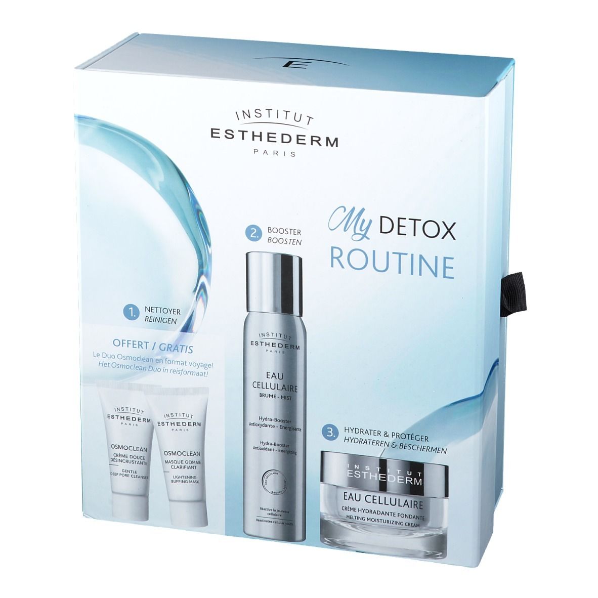 Geschenkbox INSTITUT ESTHEDERM My Detox Routine. Enthält Reiniger, Booster und Creme. Verpackung mit Verschluss.