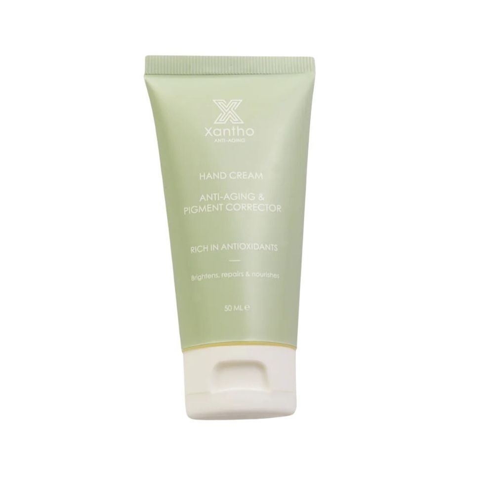 Grüne Tube Xantho Hand Cream. Text: Hand Cream, Anti-Aging & Pigment Corrector. Reich an Antioxidantien. 50 ml.