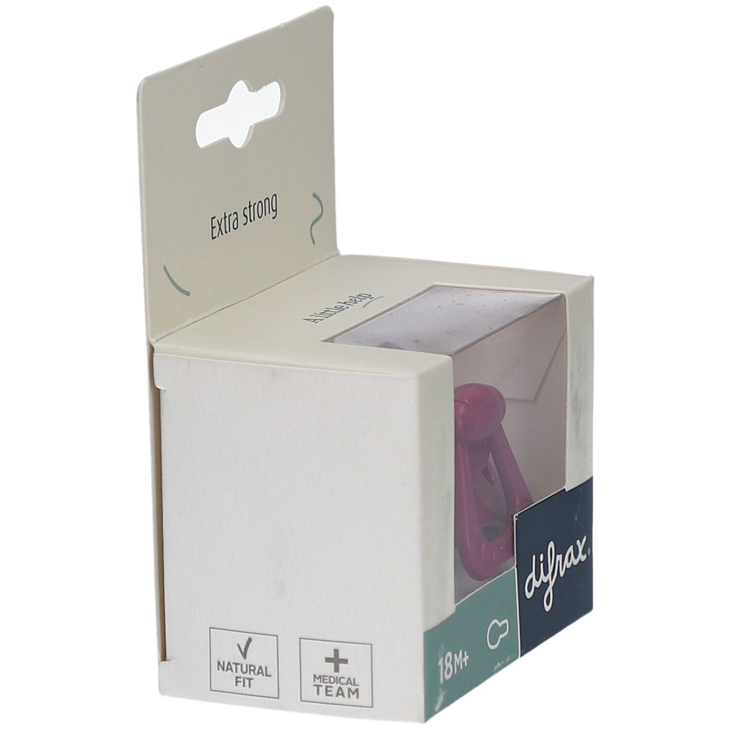 Verpackung mit Schnuller. Sichtbar: Kirschfarbener Schnuller, Marke difrax, 18M+.