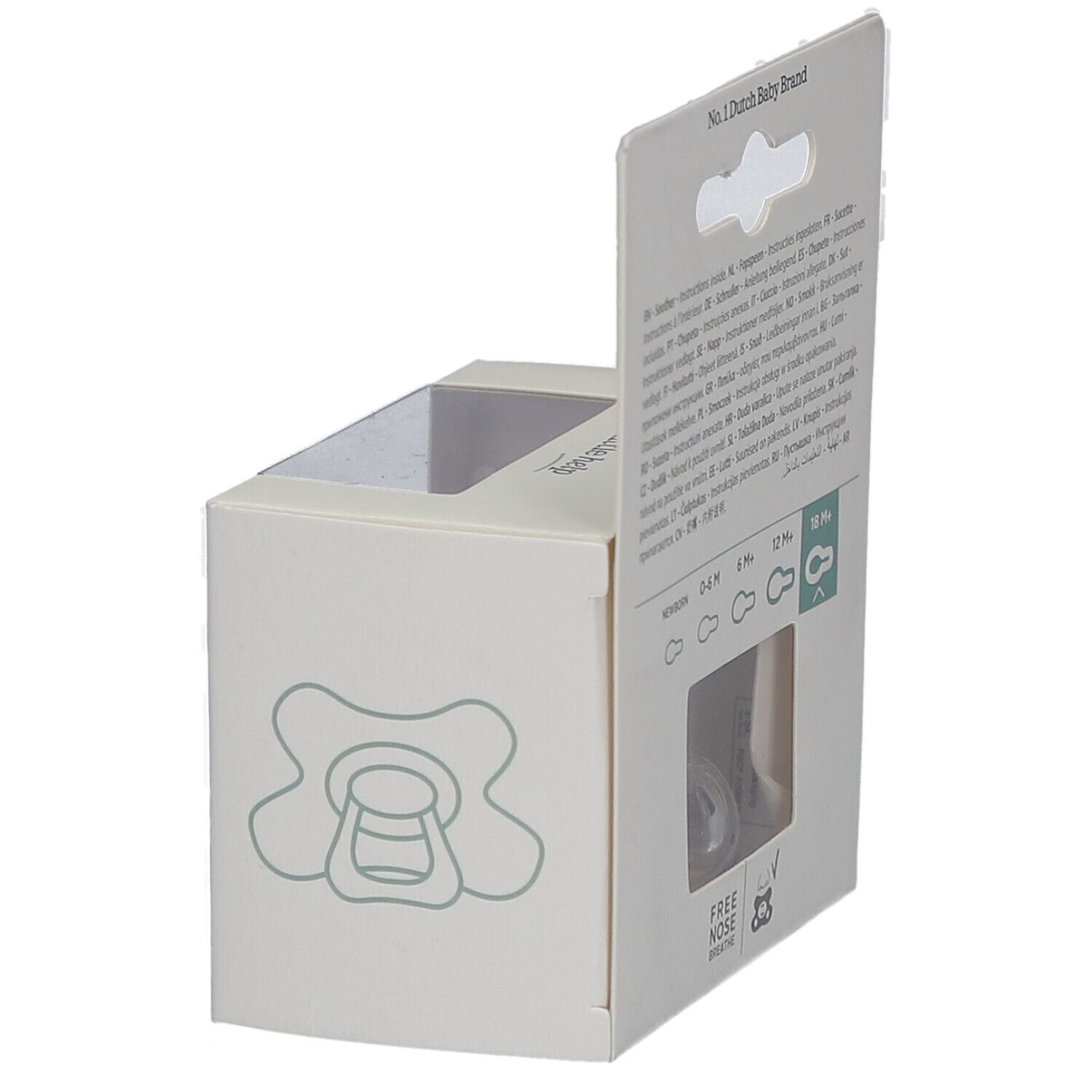 Verpackung mit Schnuller. Rückseite mit Text und Illustrationen. Marke difrax.