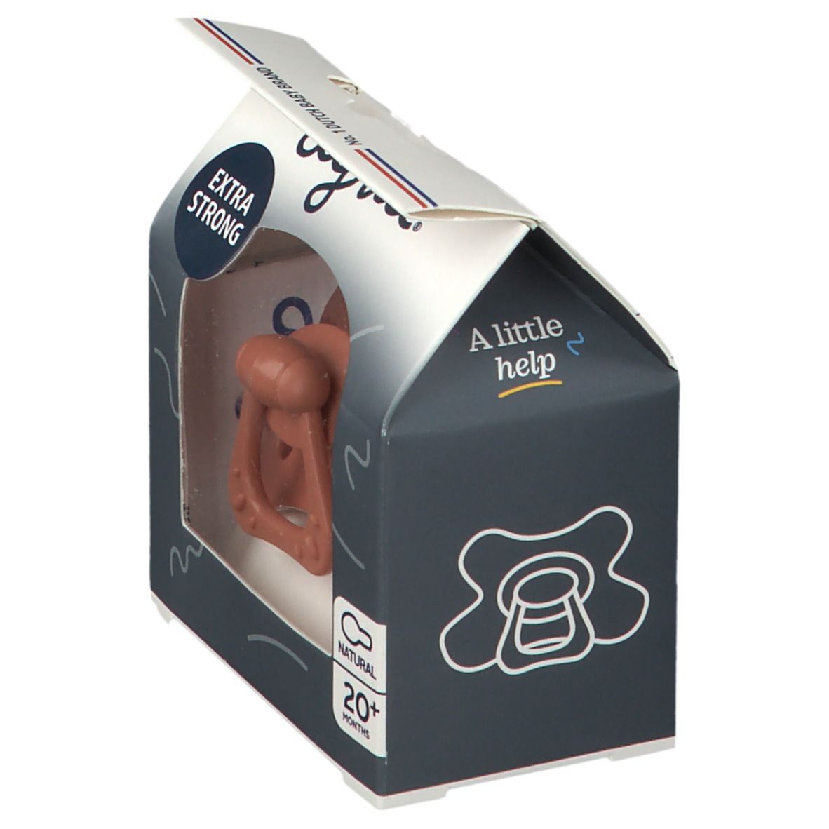 Sucette dans son emballage. Visible: sucette marron, emballage avec "EXTRA STRONG" et "A little help".