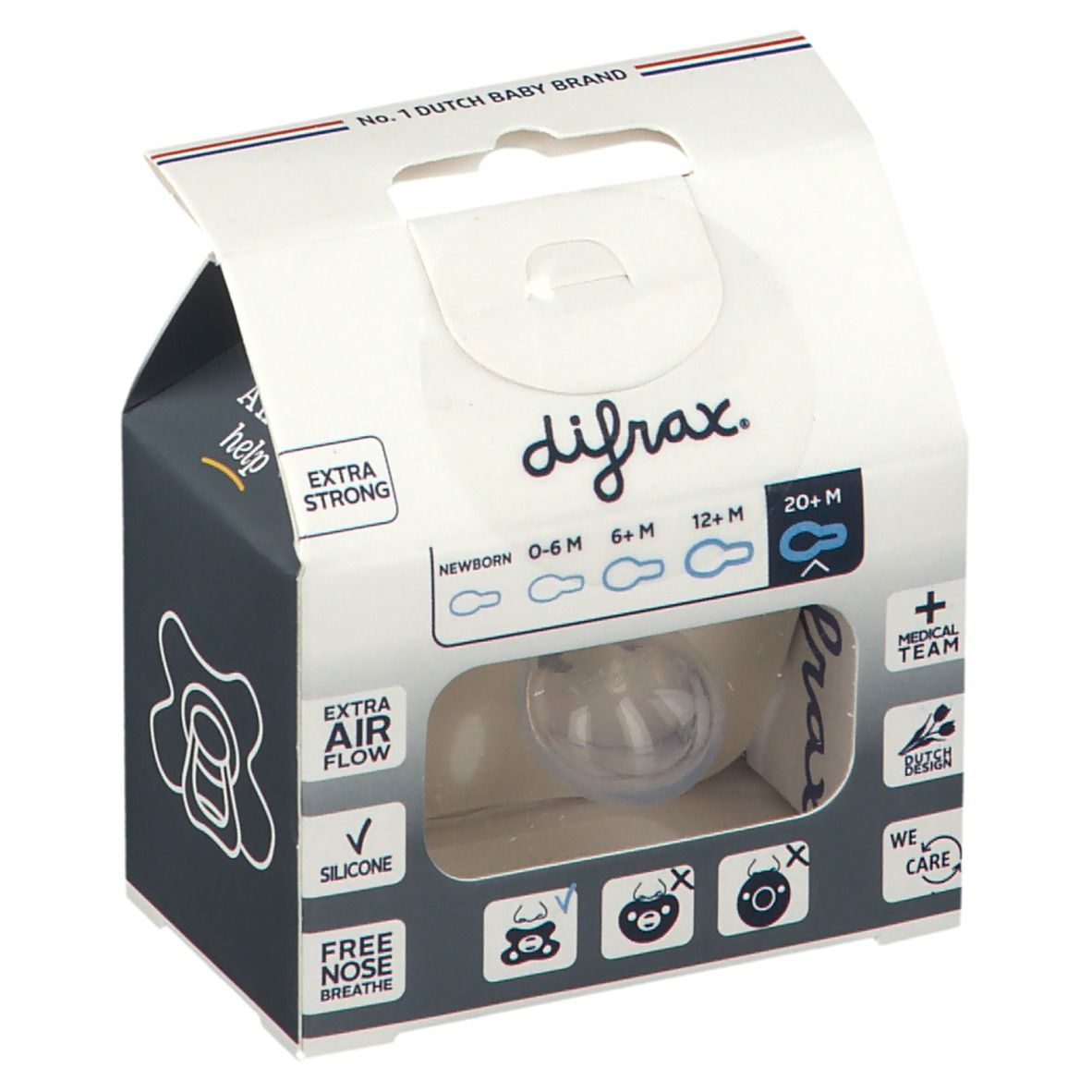 Emballage avec sucette. Visible: sucette transparente, inscription "difrax.", "EXTRA AIR FLOW", "SILICONE".