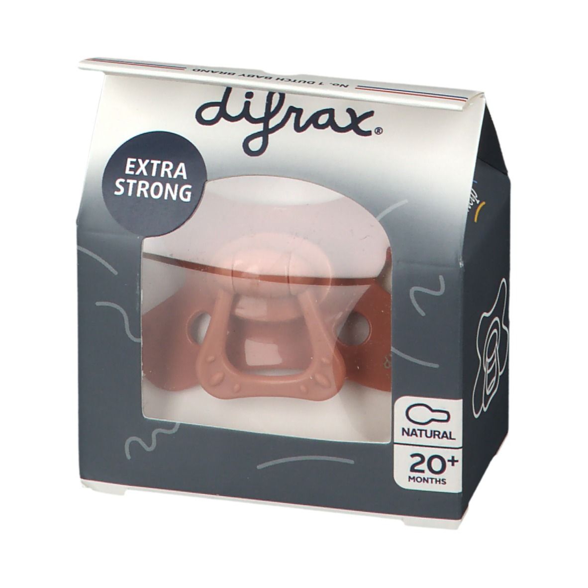 Sucette dans son emballage. Visible: sucette marron, emballage avec "EXTRA STRONG" et "NATURAL 20+ months".
