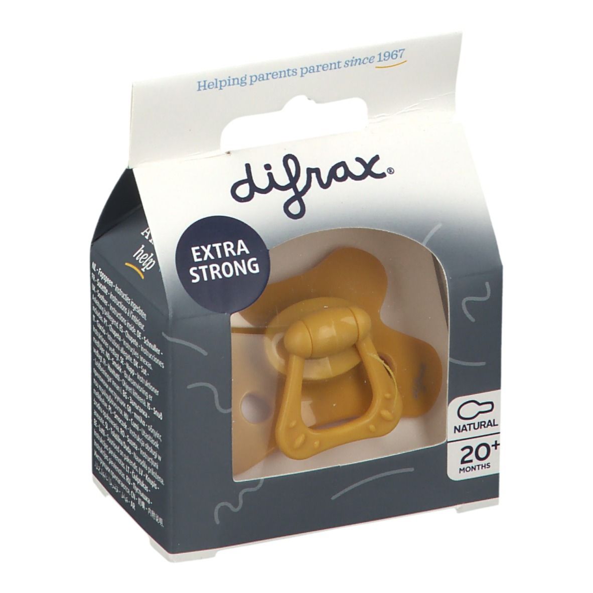Verpackung mit Schnuller. Gelber Schnuller mit Griff, in einer Schachtel mit Sichtfenster. Aufschrift: difrax, Natural 20+ Monate, Extra Strong.