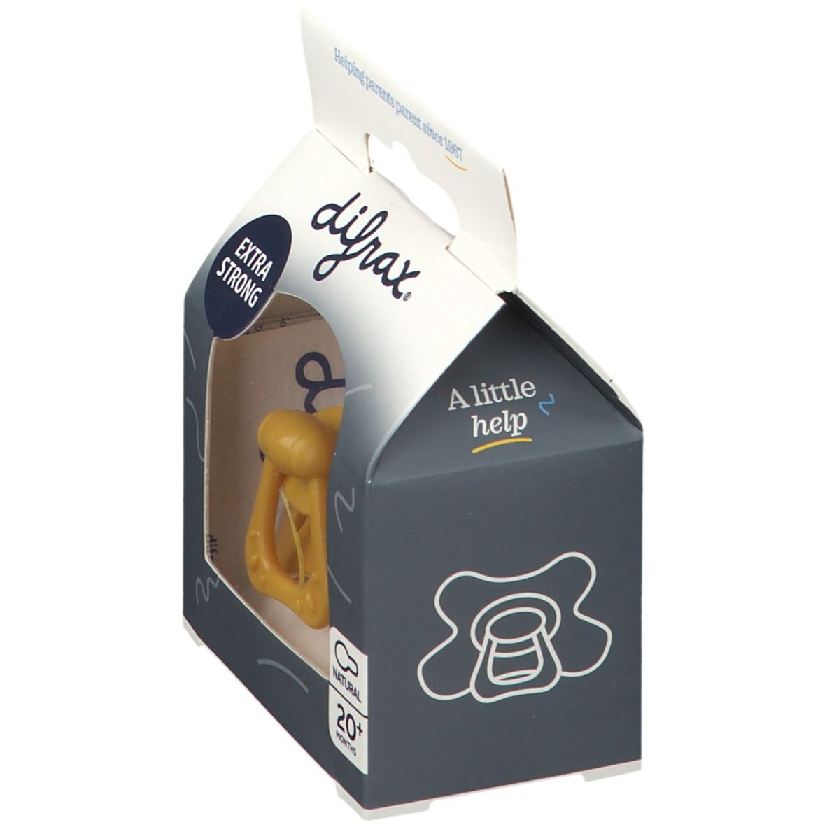 Verpackung mit Schnuller. Gelber Schnuller mit Griff, in einer Schachtel mit Sichtfenster. Aufschrift: difrax, Extra Strong, A little help.