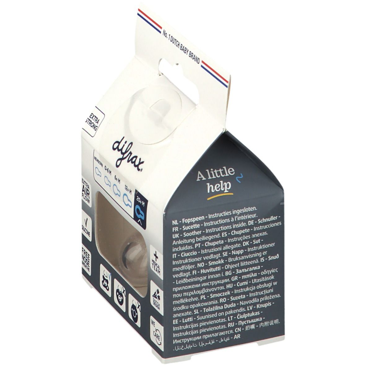 Verpackung mit Schnuller. Transparenter Schnuller in einer Schachtel mit Sichtfenster. Aufschrift: difrax, 0-6M, 6+M, 12+M, A little help.