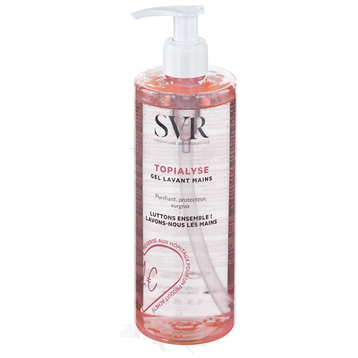 Transparente Flasche mit rosa Flüssigkeit und weißem Pumpverschluss. Aufschrift: SVR Topialyse Gel Lavant Mains.