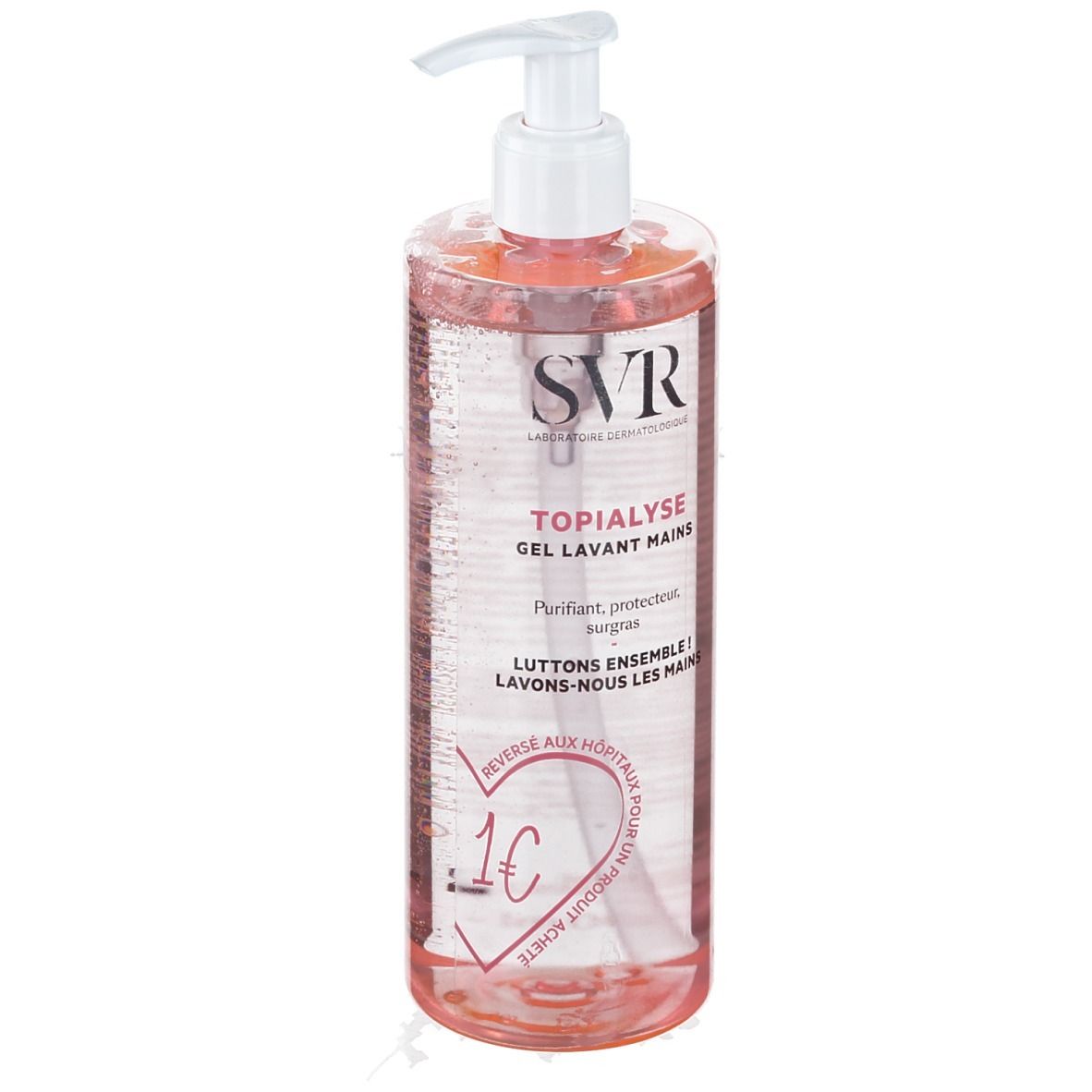 Transparente Flasche mit rosa Flüssigkeit und weißem Pumpverschluss. Aufschrift: SVR Topialyse Gel Lavant Mains. Mit Herz-Symbol.