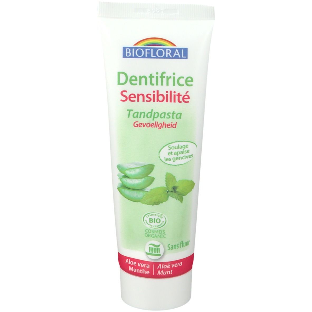 Zahnpasta-Tube BIOFLORAL, grün-weiß, mit Aloe Vera und Minze. Text: Dentifrice Sensibilité, Cosmos Organic.