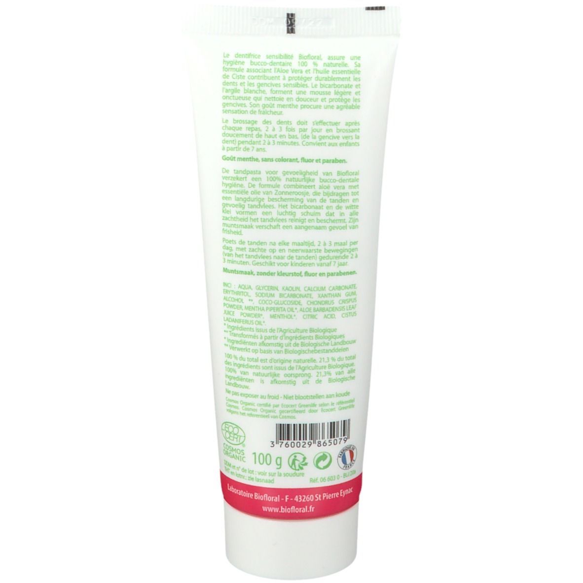 Rückseite der Zahnpasta-Tube BIOFLORAL. Text: Inhaltsstoffe, Bio-Zertifizierung, 100 g, EAN-Code, Herstelleradresse.