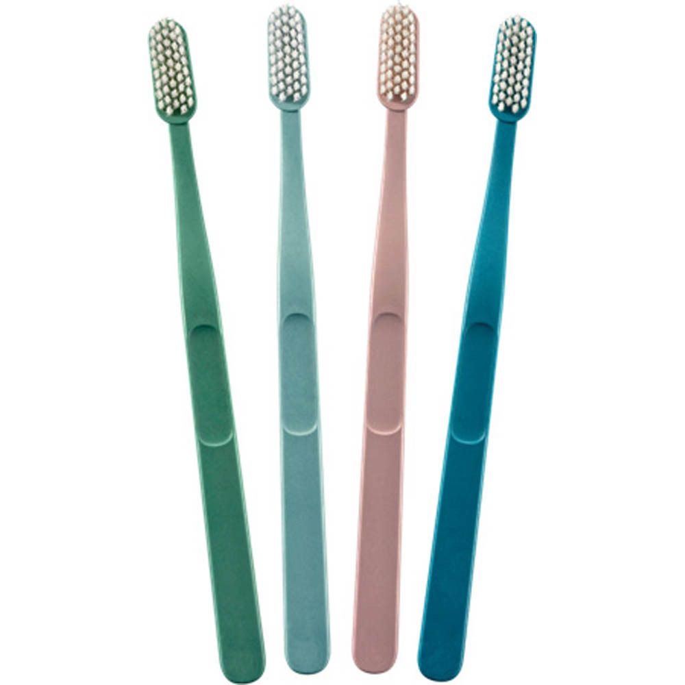 Quatre brosses à dents : verte, vert clair, rose et bleue. Sans emballage.