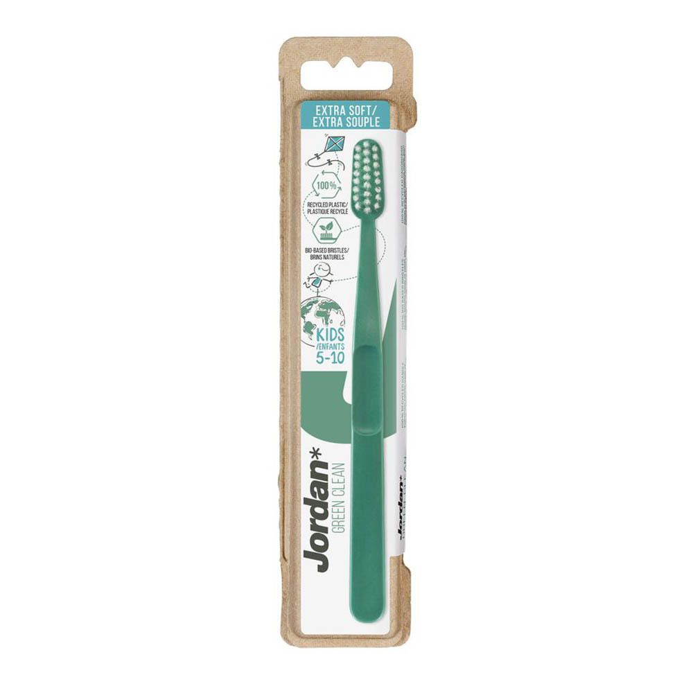 Zahnbürste in Verpackung. Grüne Bürste, weißer Borstenkopf. Marke Jordan Green Clean. Für Kinder 5-10.