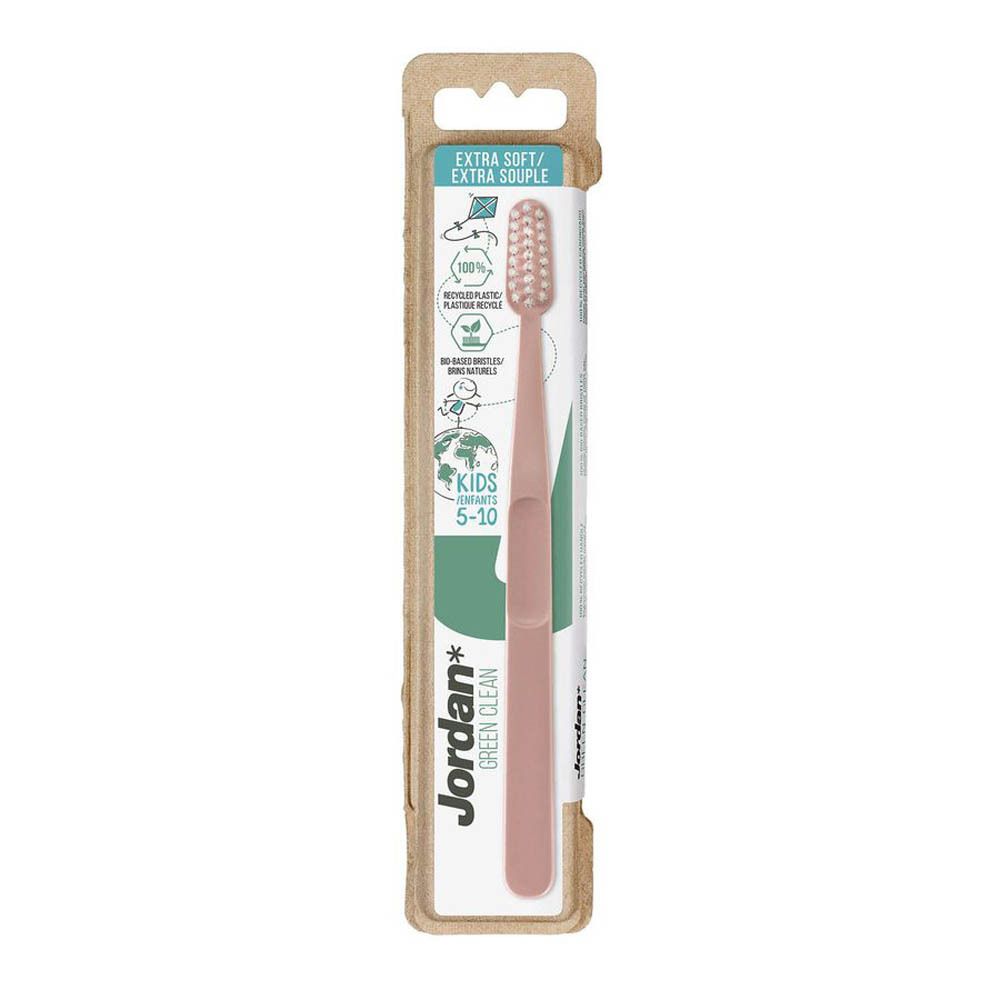 Zahnbürste in Verpackung. Rosa Bürste, weißer Borstenkopf. Marke Jordan Green Clean. Für Kinder 5-10.
