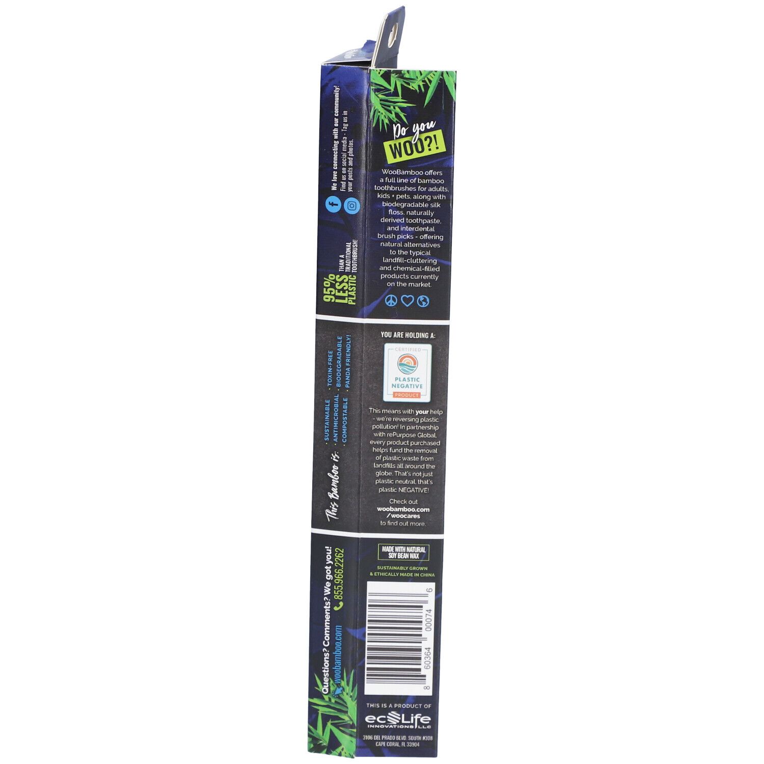 Rückseite der Zahnbürstenverpackung. Text mit Informationen über das Produkt und Nachhaltigkeit.