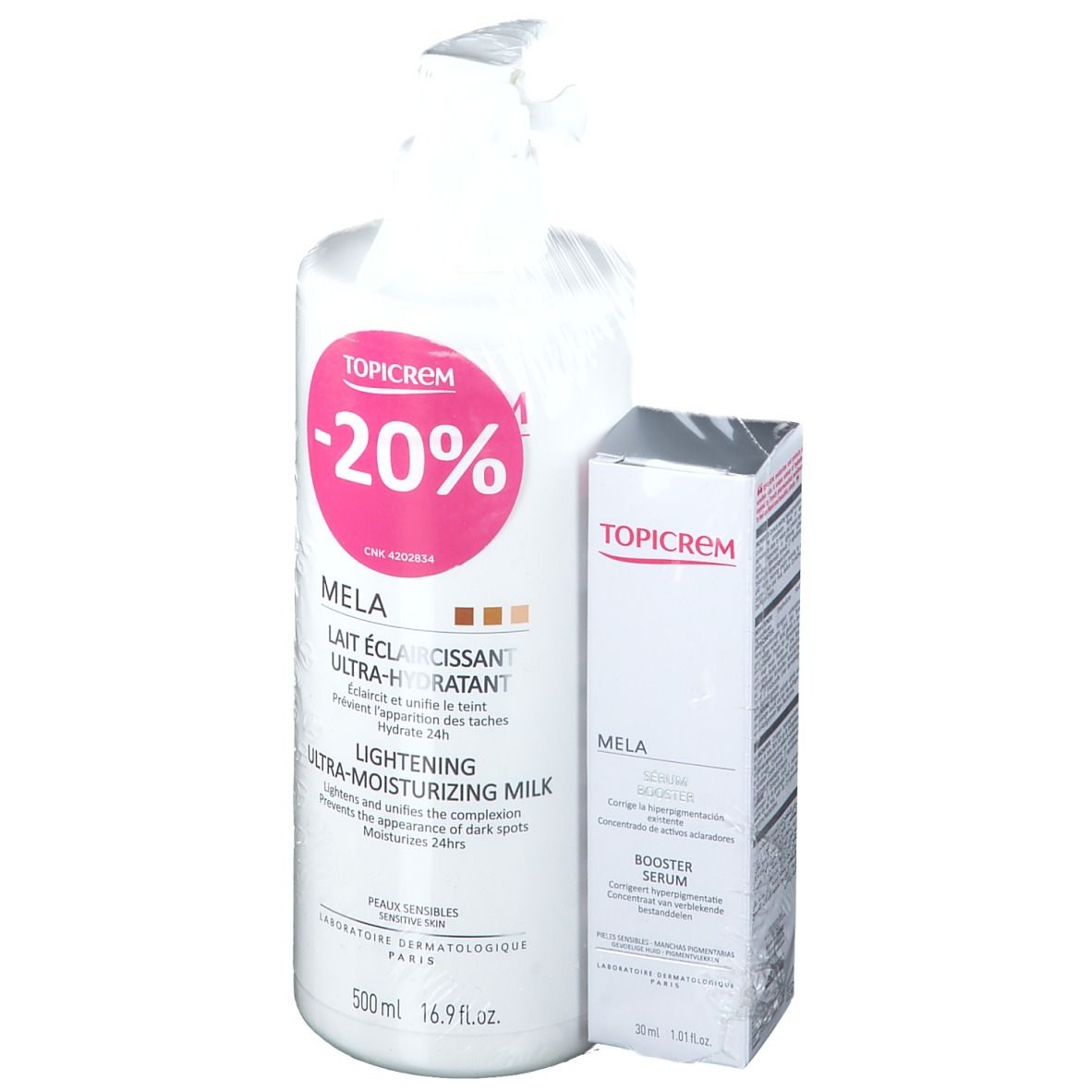 TOPICREM MELA Lotion et sérum. Grande bouteille blanche avec étiquette rose et sérum. Autocollant -20% de réduction.