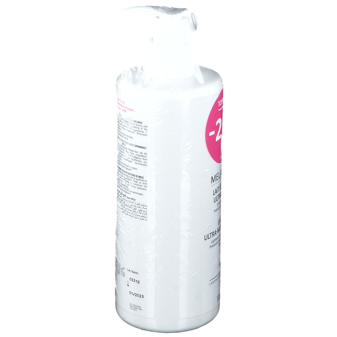 Vue arrière de la lotion corporelle TOPICREM MELA. Grande bouteille blanche avec étiquette rose. Emballée dans du film plastique.