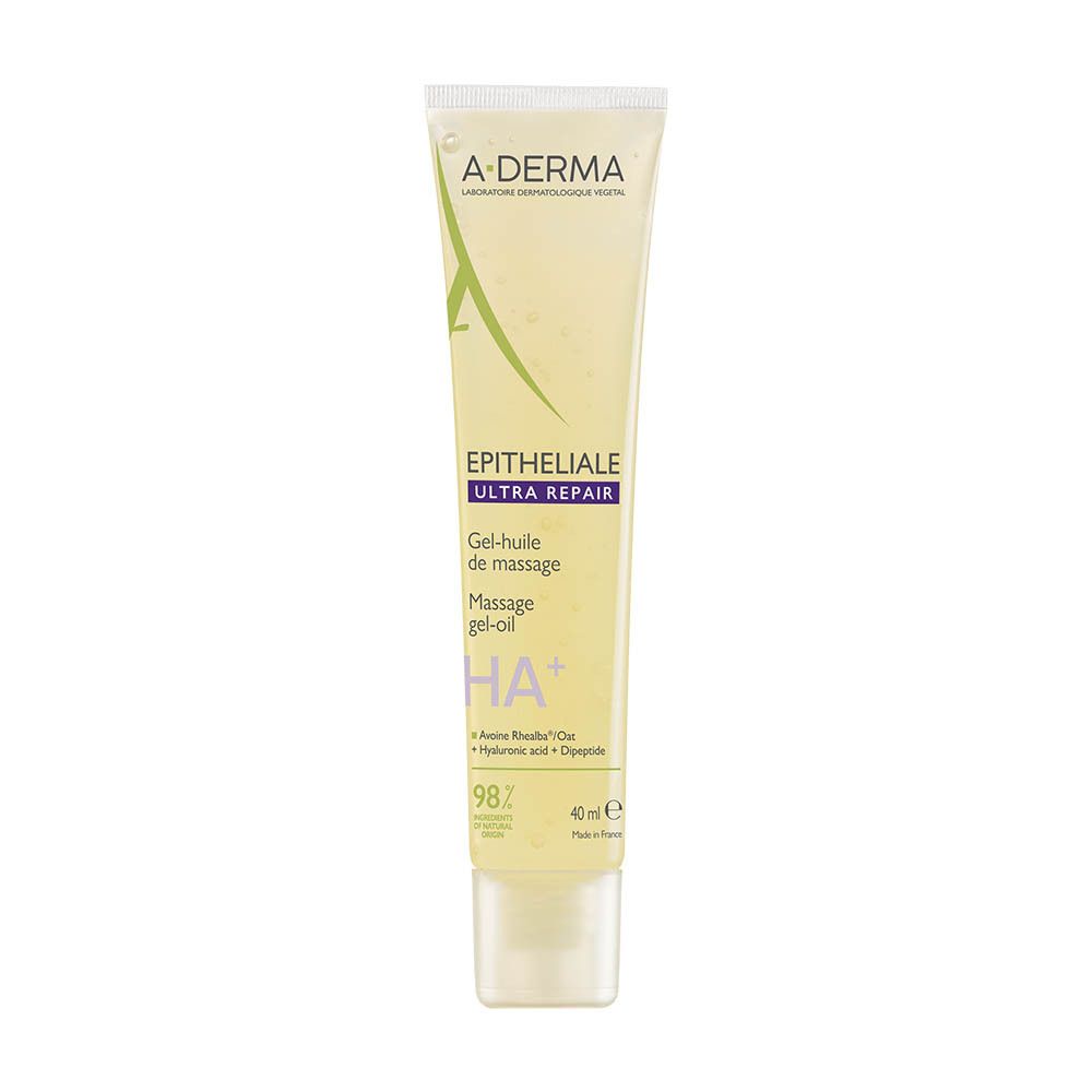 Tube A-DERMA Epitheliale Ultra Repair. Tube jaune avec nom et logo.