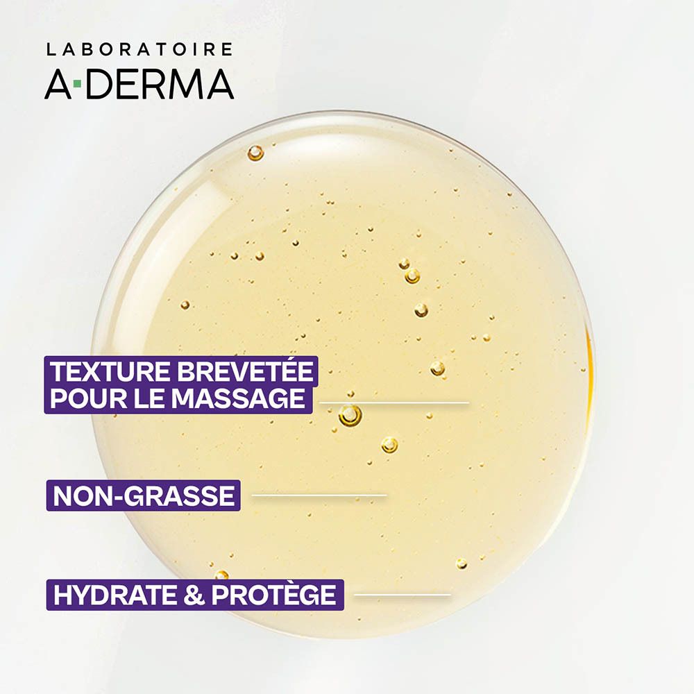 Gros plan du gel A-DERMA. Gel avec bulles, texte: texture pour massage, non gras.