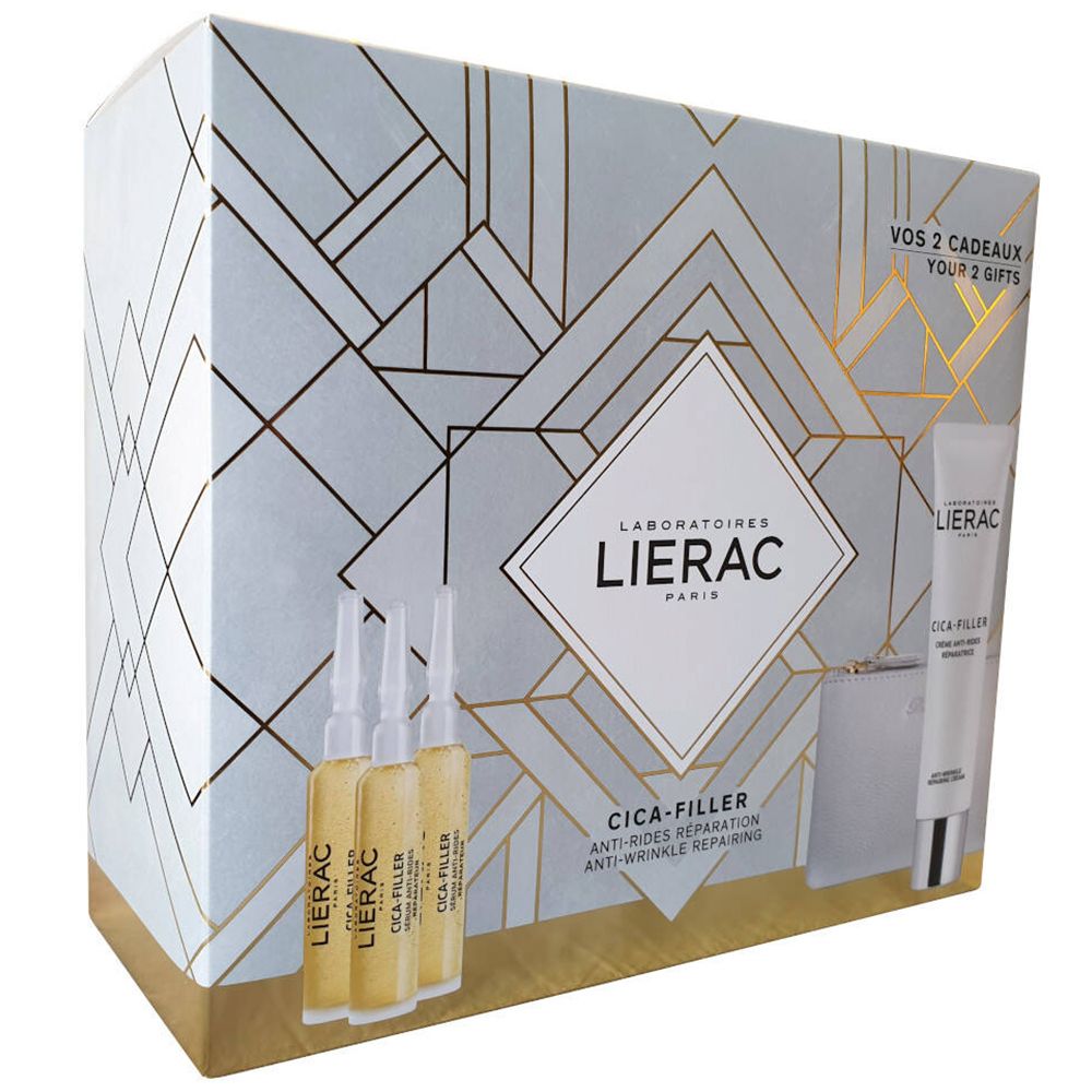 Coffret cadeau LIERAC CICA-FILLER. Comprend des ampoules, une crème et un emballage avec motifs géométriques.