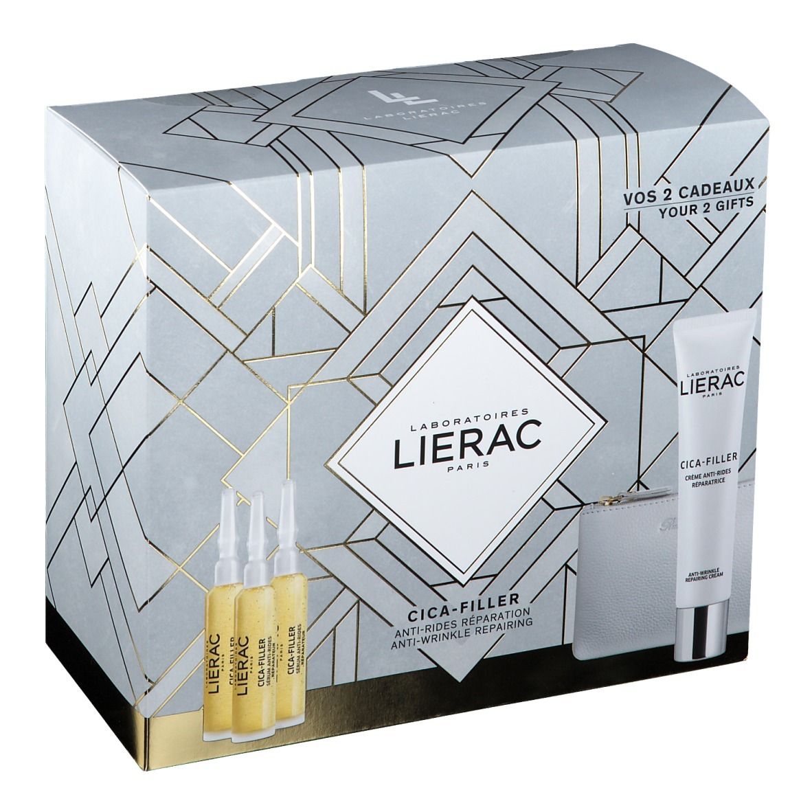 Coffret cadeau LIERAC CICA-FILLER. Comprend des ampoules, une crème, une trousse et un emballage.
