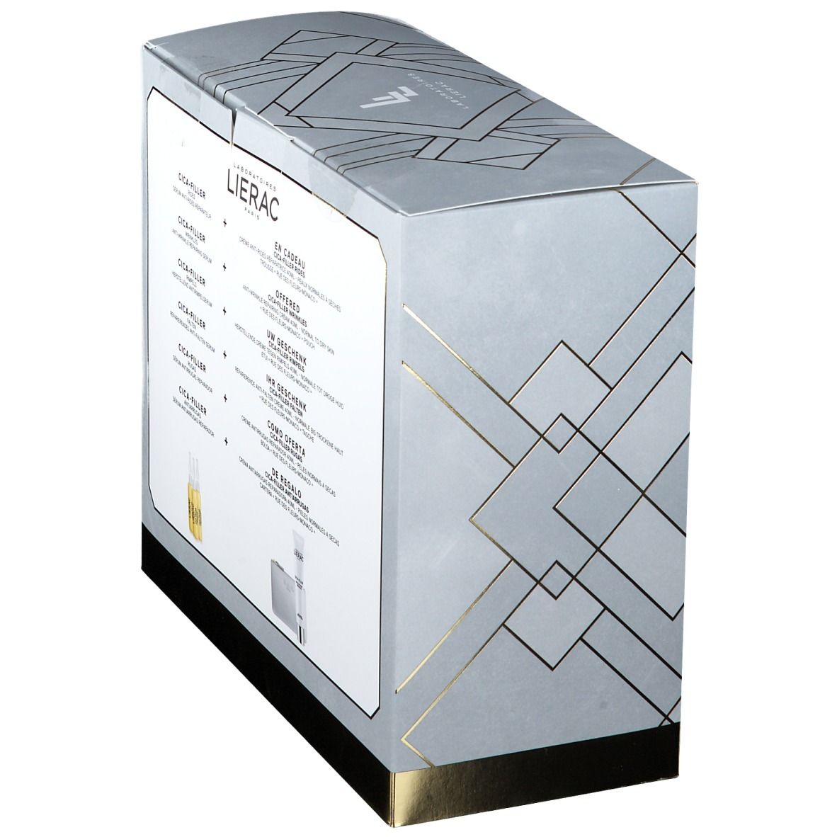 Vue latérale du coffret cadeau avec informations sur les produits. Contient des produits LIERAC CICA-FILLER.