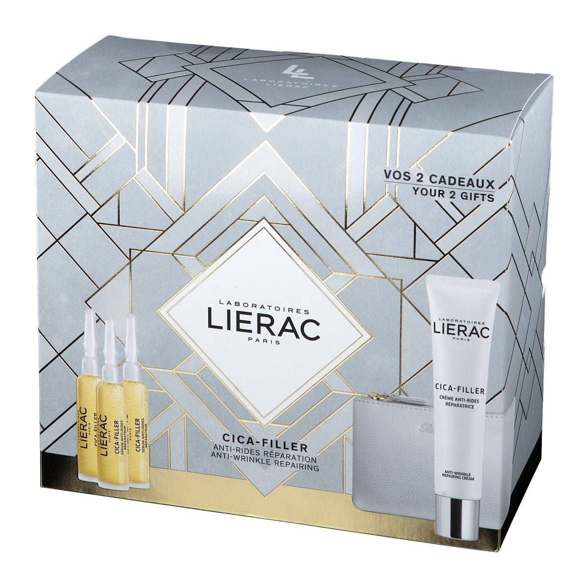 Coffret cadeau LIERAC CICA-FILLER. Comprend des ampoules, une crème, une trousse et un emballage.