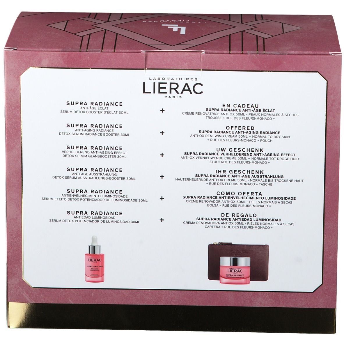 Rückseite der Geschenkbox mit Produktinformationen und Auflistung der enthaltenen Artikel. Mehrsprachige Texte.