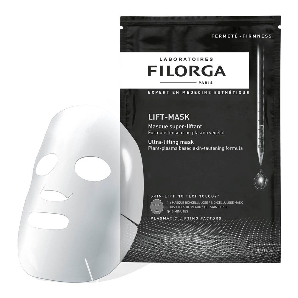 Schwarze Verpackung mit LIFT-MASK und FILORGA. Maske teilweise sichtbar. Text: „Fermeté-Firmness“ und „Expert en médecine esthétique“.